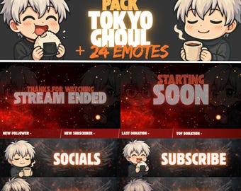 Mega Pack de Streamers de Ken Kaneki: 24 Emotes - 9 Paneles - 3 Pantallas - Superposición de Webcam y más | Descarga digital instantánea | NeexoraStudio
