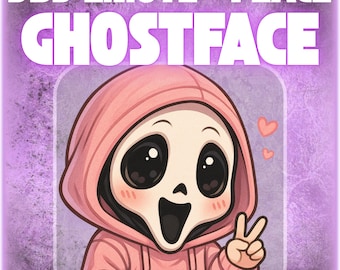Ghostface Peace Emote – Cute Kawaii Scream Killer Chibi in Pink Hoodie | Heart Eyes Horror Twitch Emote | Discord Emoji | PNG Digital Art