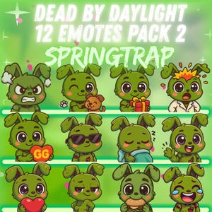 May include: A collection of twelve green bunny emotes with various expressions and accessories. The text "DEAD BY DAYLIGHT 12 EMOTES PACK 2 SPRINGTRAP" is displayed at the top. Each bunny has a unique design, including sunglasses, a gift, and a heart.