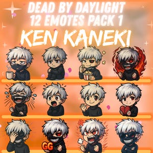 Może przedstawiać: Zbiór 12 cyfrowych emotikonów z Kenem Kanekim z Dead by Daylight. Każdy emotikon przedstawia inną ekspresję, z czarno-białą kolorystyką. Tekst "DEAD BY DAYLIGHT 12 EMOTES PACK 1 KEN KANEKI" jest wyświetlany u góry.