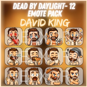 Può includere: Una collezione di 12 emote di David King da Dead by Daylight. Ogni emote presenta un'illustrazione a cartoni animati di David King che esprime diverse emozioni, come amore, tristezza e rabbia. Il testo "DEAD BY DAYLIGHT - 12 EMOTE PACK DAVID KING" è in alto.