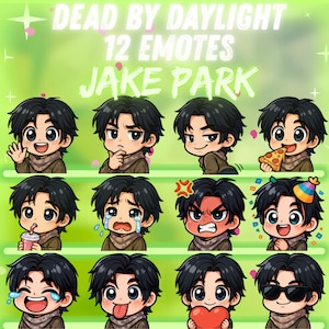 May include: A collection of 12 cartoon emotes featuring Jake Park from Dead by Daylight. Each emote showcases Jake with different expressions, including waving, thinking, and eating pizza. The background is a light green with text that reads "DEAD BY DAYLIGHT 12 EMOTES JAKE PARK."