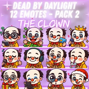 May include: Digital art featuring a collection of 12 emotes of "The Clown" from "Dead by Daylight." Each emote depicts the character in various poses, with a red nose, bow tie, and yellow jacket. The background is a gradient of purple and white.
