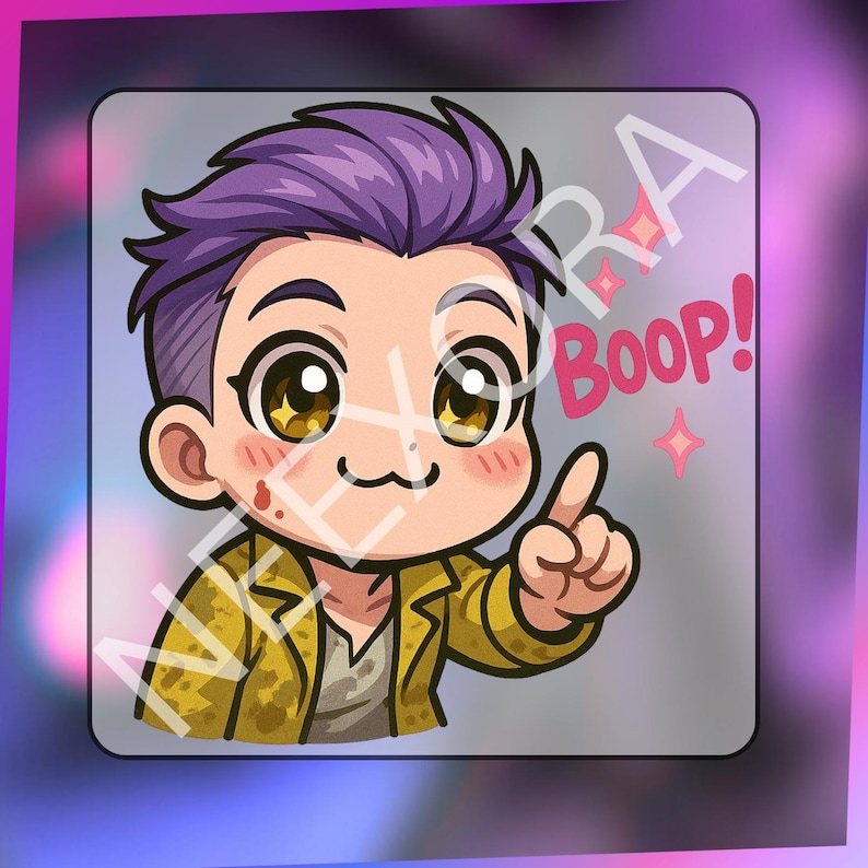 K&ouml;nnte beinhalten: Ein Cartoon-Aufkleber mit einer Figur mit lila Haaren, goldenen Augen und einer gelben Jacke. Die Figur zeigt mit einem Finger und das Wort "Boop!" ist in Pink geschrieben. Der Aufkleber hat einen transparenten Hintergrund.