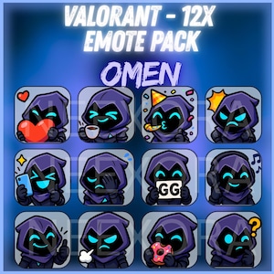 May include: A set of 12 Valorant Omen emote graphics. Each square shows a cartoon character with a purple hood and glowing blue eyes, displaying various emotions. The emotes include a heart, coffee cup, party horn, and more.