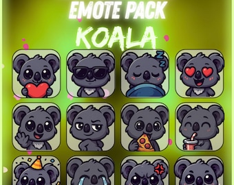 Pack de emoticonos de koala kawaii: 12 adorables emoticonos chibi para Twitch y Discord | Stickers de emojis de mascotas para streamers | Descarga digital instantánea