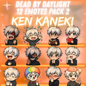 Puede incluir: Una colección de 12 emotes digitales con Ken Kaneki de Dead by Daylight. Cada emote muestra una expresión diferente, incluyendo ira, alegría y reflexión. Los emotes están sobre un fondo naranja.