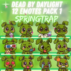 May include: A digital art graphic featuring 12 green bunny characters with various expressions and props. The text "DEAD BY DAYLIGHT 12 EMOTES PACK 1 SPRINGTRAP" is at the top. Each bunny has a unique pose, such as holding a drink or wearing glasses.