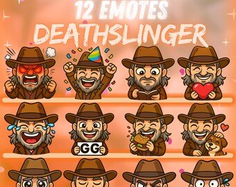 Pack de emoticonos de Twitch de Deathslinger: 12 emoticonos chibi asesinos de Dead by Daylight para streamers, fan art de terror, Discord, YouTube y descarga digital.