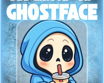 Ghostface Bubble Tea Emote – Cute Kawaii Scream Killer Chibi Sky Blue Hoodie | Drinking Horror Twitch Emote | Discord Emoji | PNG Download