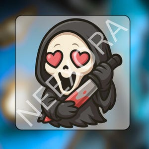 May include: Cartoon illustration of a character in a black hooded robe with a skull face and heart-shaped eyes. The character is holding a bloody knife. The word "NEERA" is printed diagonally across the image.