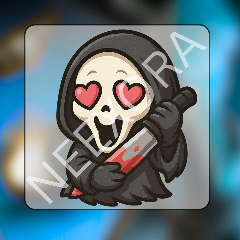 May include: Cartoon illustration of a character in a black hooded robe with a skull face and heart-shaped eyes. The character is holding a bloody knife. The word "NEERA" is printed diagonally across the image.