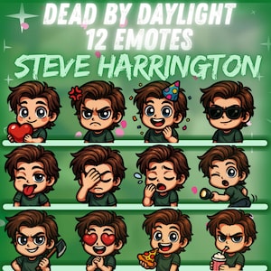 Könnte beinhalten: Auf grünem Hintergrund sind Cartoon-Illustrationen von Steve Harrington aus Dead by Daylight zu sehen, die jeweils ein anderes Emote darstellen. Der Text oben lautet "DEAD BY DAYLIGHT 12 EMOTES" und darunter "STEVE HARRINGTON". Die Emotes zeigen Herzen, Wut und Partyhüte.