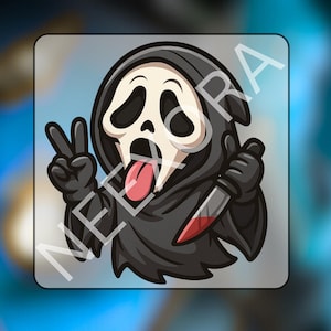 May include: Cartoon illustration of a character in a black hooded robe and a white mask with an open mouth and red tongue. The character is holding a bloody knife and making a peace sign with the other hand.