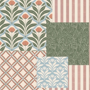 Puede incluir: Un collage de muestras de tela estampadas. Los diseños incluyen motivos florales, de hojas y geométricos en colores como verde, azul, melocotón y crema. Una muestra presenta rayas verticales rosas y blancas.