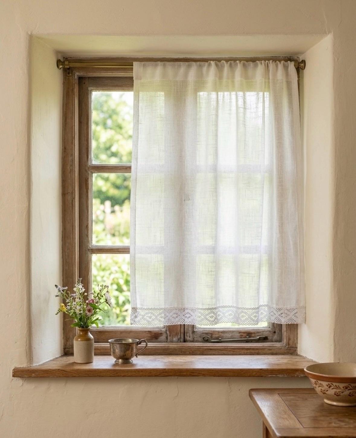 Sheer Linen Cafe Curtain with Lace Trim, Rustic Short Cabinet Valance, Farmhouse Small Window Drape, Kitchen Sink Skirt, Cottagecore Decor