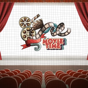Op de afbeelding: Cartoon illustratie van een bioscoopscène. Rode gordijnen omlijsten een scherm met filmrollen, een klapbord en de tekst "MOVIE TIME". Rijen rode stoelen op de voorgrond.