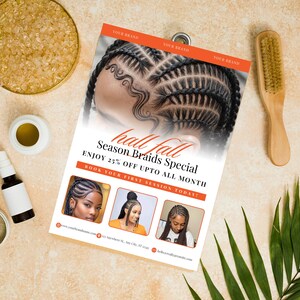 Puede incluir: Un folleto promocional para un servicio de trenzado de cabello, con imágenes de peinados trenzados. El folleto tiene un encabezado naranja con el texto "hall fall Season Braids Special". Otros elementos incluyen un cepillo de madera, productos de belleza y un cuenco decorativo.