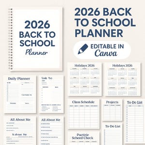 Może przedstawiać: Biały spiralny planer z tekstem "2026 BACK TO SCHOOL Planner" jest wyświetlany. Dodatkowe strony obejmują codzienny planer, harmonogram zajęć i listy rzeczy do zrobienia. Widoczny jest również tekst "EDITABLE IN Canva".