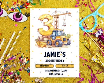 May include: A birthday invitation featuring a yellow number 3, a construction vehicle, and a crane. The invitation reads "Jamie's 3rd Birthday" with the date and time, and address below. The background is a gold glitter.