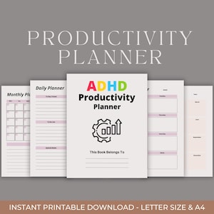 May include: A white ADHD Productivity Planner with a black gear and upward arrow graphic. The planner includes monthly, daily, and weekly pages with pink accents. The text "This Book Belongs To" is also visible.