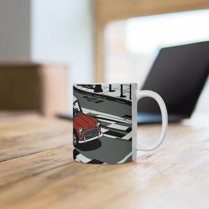 Mug en céramique Mini Cooper vintage rouge - Cadeau pour amateur de voiture, tasse à café, décoration de cuisine rétro, tasse à thé à collectionner, souvenir de voyageur