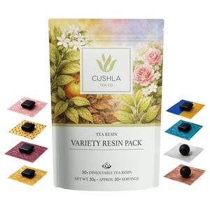 以下が含まれることがあります： Cushla Tea Co. のティーレジンバラエティパック。花や植物のイラストが描かれています。パッケージの周りには、黒い樹脂片が付いた小さなカラフルな正方形があります。パッケージのテキストは「Variety Resin Pack」と書かれています。