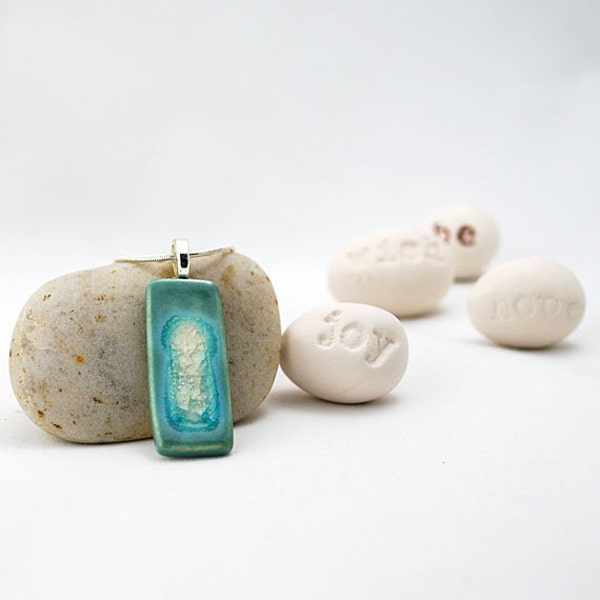Ceramic Pendant with Recycled Glass - Slim Drop Necklace in Cottage Breeze - FREE SHIPPING