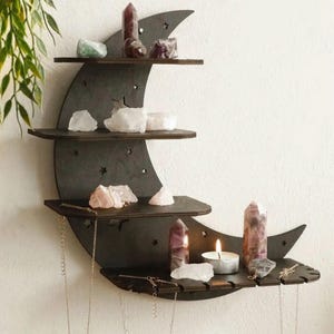 Gothic Moon Shelf for Crystals – Crescent Wooden Wall Shelf – Witchy Home Decor, Boho Moon Decor, Occult Crystal Storage, Spiritual Gift