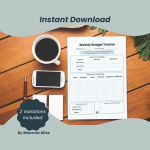 May include: A weekly budget tracker with sections for income and expenses, a summary box, and notes. The image includes a cup of coffee, a smartphone, a pen, and the text "Instant Download" and "2 Variations Included."