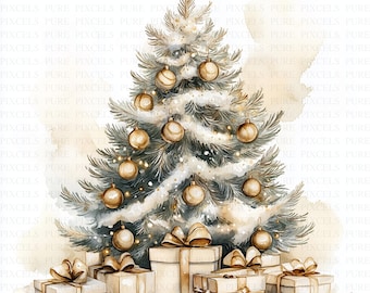 May include: A watercolour illustration of a Christmas tree adorned with gold baubles, a star, and tinsel. Beneath the tree are wrapped presents with gold bows. The image has a soft, artistic style, ideal for festive decorations.