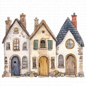 Può includere: Illustrazione ad acquerello di tre affascinanti case con muri in pietra e stucco, ognuna con dettagli architettonici unici. Caratteristiche includono porte ad arco, finestre e camini. Le case sono dipinte con colori tenui e invitanti.