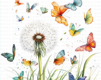 May include: Watercolor illustration of a dandelion with multiple colorful butterflies. The butterflies are in shades of orange, blue, yellow, and green. Green grass and a white background complete the nature-themed design.