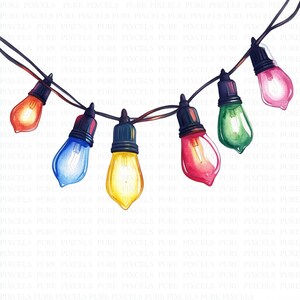 以下が含まれることがあります： 水彩画イラストのカラフルな電球のストリングライト。電球はオレンジ、青、黄色、赤、緑、ピンクなど様々な色があります。各電球は黒いベースで、黒いワイヤーに繋がっています。デジタルイラストです。