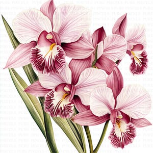 Może przedstawiać: Akwarelowa ilustracja kilku orchidei w odcieniach różu i bieli, z ciemnoczerwonymi i żółtymi akcentami. Kwiaty mają szczegółowe płatki i towarzyszą im zielone liście. Obraz ma miękki, artystyczny charakter, idealny do sztuki kwiatowej.