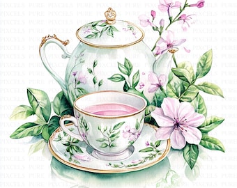 Watercolor Vintage Tea Set Clipart | 5 JPGs | Digital Download | Floral Tea Set | Paper Craft | Junk Journals | Scrapbook Image | Wall Art