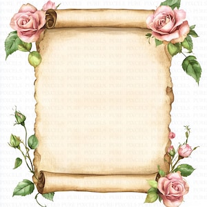 May include: Watercolor illustration of a parchment scroll with pink roses and green leaves. The scroll is a light tan color, with a rolled bottom and top. The roses are in full bloom, with detailed petals.