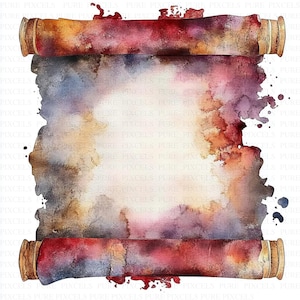 Può includere: Illustrazione ad acquerello di una pergamena con un centro vuoto. La pergamena è dipinta con una miscela di colori, tra cui rosso, viola, marrone e giallo. Le estremità della pergamena sono arrotolate e i bordi hanno un aspetto strutturato e strappato.