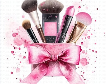 May include: Watercolor illustration of makeup products including brushes, lipstick, and blush, arranged in a pink box with a large bow. The image has a pink watercolor splash background, creating a feminine and artistic aesthetic.