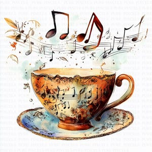 Può includere: Illustrazione ad acquerello di una tazza e un piattino con note musicali. La tazza è marrone con disegni floreali e note musicali. Il piattino è blu con un bordo dorato. Le note musicali fluttuano sopra la tazza.
