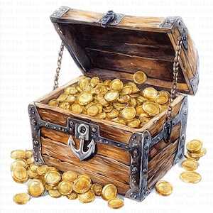 Op de afbeelding: Waterverfillustratie van een houten schatkist die overloopt van gouden munten. De kist is open en onthult een grote hoeveelheid munten binnenin. Een anker staat op de voorkant van de kist. Sommige munten zijn verspreid.