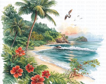 Akvarell solstrand clipart | 5 JPG-bilder | Digital nedladdning | Palmer | Tropisk strand | Papperspyssel | Skräpjournal | Blandade tekniker | Utskrivbar