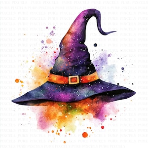 Può includere: Illustrazione ad acquerello di un cappello da strega. Il cappello è viola scuro con un disegno stellato e una fascia arancione brillante con una fibbia dorata. Schizzi di acquerello colorati circondano il cappello.