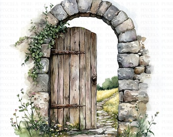 Watercolor Doors on Countryside Clipart | 5 High Quality JPGs | Digital Download | Card Making | Mixed Media | Digital Paper Craft