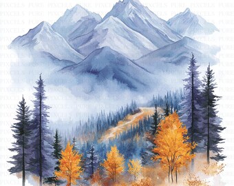 Op de afbeelding: Waterverfschilderij van een berglandschap. De afbeelding toont besneeuwde bergen op de achtergrond, met een mistige vallei en een kronkelend pad. Bomen in groen- en goudtinten staan op de voorgrond.