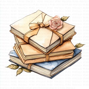 May include: Watercolor illustration of a stack of books tied with a tan ribbon. A light pink rose and green leaves adorn the top. The books are in shades of tan and blue, with a cream-colored envelope on top.