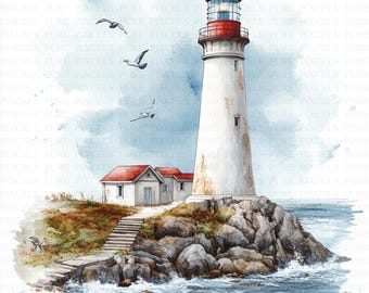 May include: Watercolor illustration of a white lighthouse with a red top, perched on a rocky island. Two small buildings with red roofs sit nearby. Seagulls fly in the sky above the lighthouse and the ocean waves crash against the rocks.