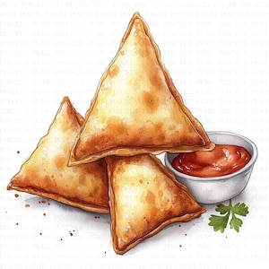 May include: Watercolor illustration of three golden-brown samosas, triangular pastries, arranged with a small white bowl of red dipping sauce and a sprig of green parsley. The image has a soft, artistic style.