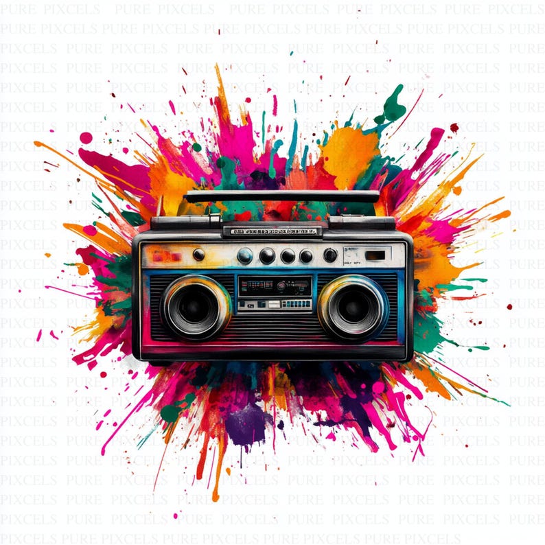 Watercolor Paint Splatter Retro Boombox Clipart | 5 High Quality Jpgs ...
