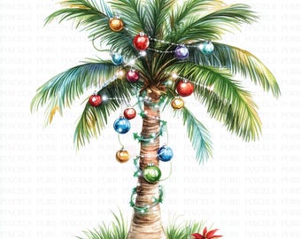 Watercolor Tropical Christmas Palm Tree Clipart | 5 High Quality JPGs | Digital Download | Commercial Use | Scrapbook Image | Wall Art